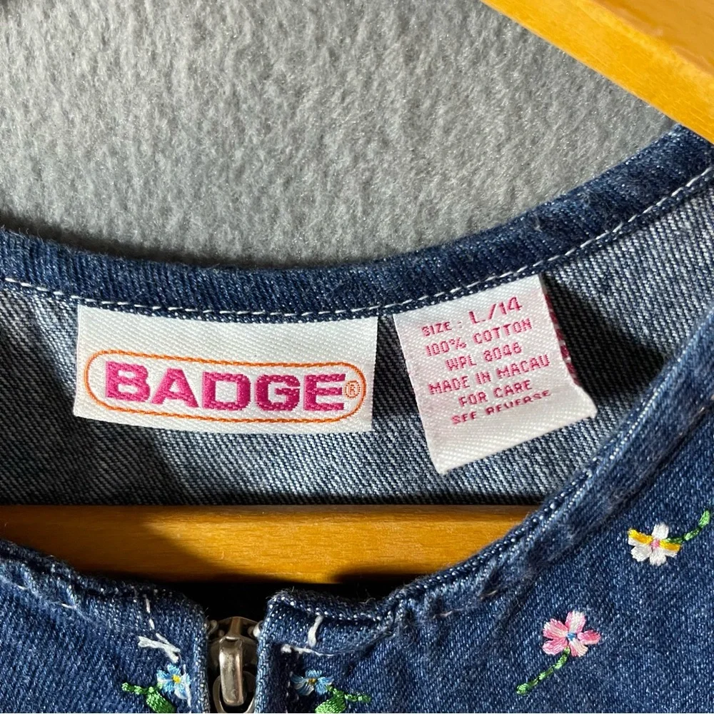 Vintage Girls Denim Romper Overalls Jumper L/14 Badge Floral Embroidered 90s